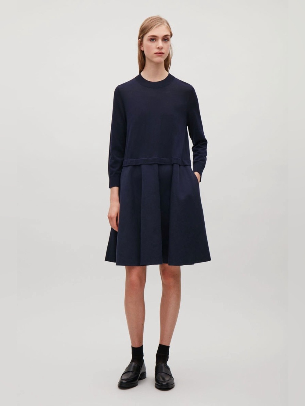 COS Navy Hybrid Knit Woven Circle Skirt Dress XS Tencel Linen